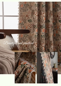 Bohemian floral printed curtain with elegant beige tassels and textured fabric detail