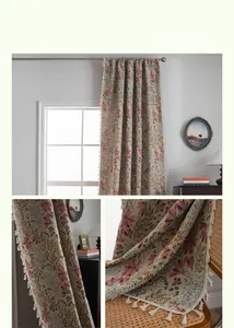 Detail of vintage green jacquard floral curtain with pink lily patterns and tassels