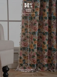 Detail showing pastoral floral curtain texture with 50% shading and white fringe trim