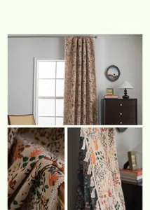 Detail of green floral jacquard curtain with maple leaf patterns and white fringe trim