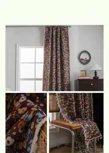 Detail of vintage floral jacquard fabric with tassels and intricate woven textures