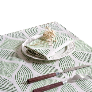 Nordic green leaf print linen napkin and tablecloth with elegant dinnerware set