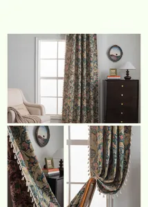 Detail of European jacquard curtain with carnation pattern and delicate white tassel trim