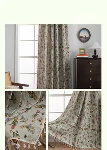Detailed view of jacquard floral curtains with tassels in a retro home setting