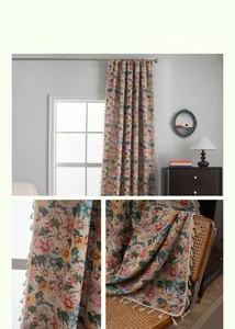 Detailed macro view of the jacquard fabric floral pattern and fine fringe on the curtain