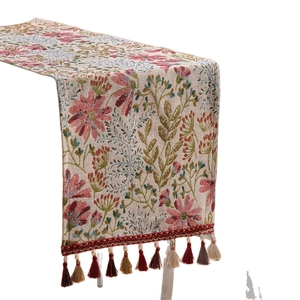 French country jacquard table runner with pink floral patterns and elegant tassels