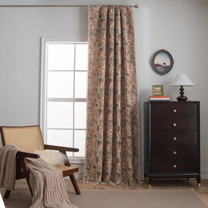Bohemian forest jacquard window curtain with tassels for vintage home decor