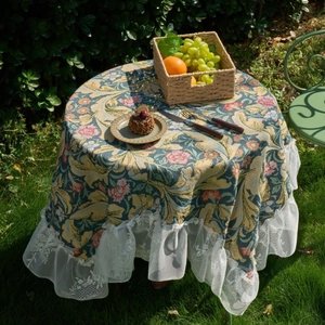 Floral jacquard tablecloth with white lace ruffle edge for round tables outdoors