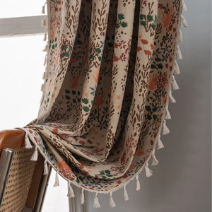 Bohemian Jacquard Floral Door Curtains With Tassels Polyester Cotton Semi Shading Vintage Botanical Window Drapes For Home Living Room Decor