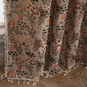 Bohemian style curtain with botanical maple forest jacquard and white tassel fringe