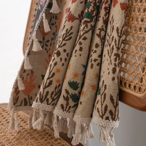 Bohemian forest pattern woven curtain with decorative tassels for home bay windows