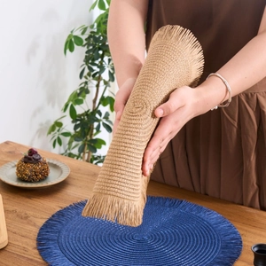 Round Woven Placemat With Tassel Edge Paper Braided Dining Table Mat Heat Insulated Boho Style Home Restaurant Decor