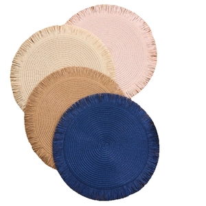 Bohemian round woven placemats with tassels in blue, brown, beige, and pink colors