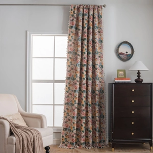 Floral jacquard curtain with colorful flower pattern and white tassel trim for living room