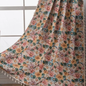 Floral jacquard sheer curtain with tassels for living room decor and privacy