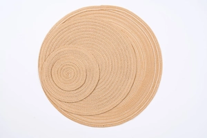 Detail view of woven heat-resistant table mats with white reinforced stitching