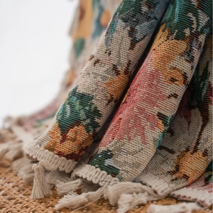 Floral woven tapestry with fringes, retro pastoral style cotton decorative throw blanket