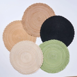 Set of 5 circular woven placemats in beige, brown, and green with spiral braided textures