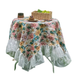 Floral print round tablecloth with elegant white lace borders for classic home decor