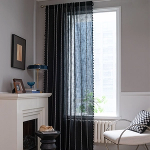 Nordic Style Black Cotton Linen Curtain With White Geometric Embroidery Tassels For Living Room Bedroom Semi Blackout Home Decor Window Treatments