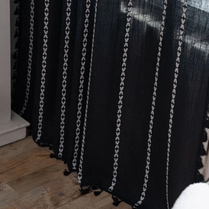Nordic black fabric curtain with white geometric embroidery and elegant tassel trim