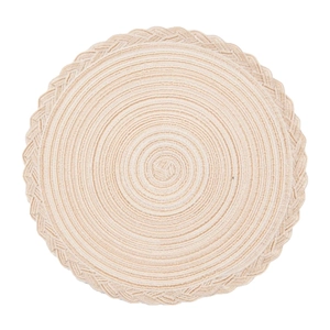 French country style beige cotton woven round placemat with braided edge detail