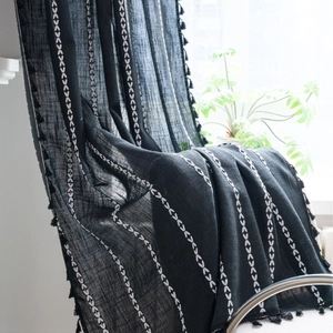 Nordic black linen curtain with white wave embroidery and handcrafted tassel edge detail