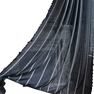 Nordic style black linen curtain with white arrow embroidery and elegant fringe tassels
