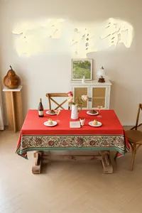 Close-up of Chinese style red table runner with jacquard floral lace and fabric texture