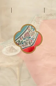 Close-up of traditional Chinese floral jacquard embroidery on luxury beige tablecloth fabric