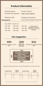 Detailed size chart for blue jacquard tablecloth with hanging length recommendations