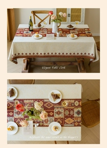 Detail showing red geometric jacquard pattern on a bohemian style textured table cloth
