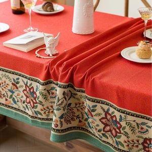 Classic red jacquard tablecloth with elegant floral lace border for wedding decor