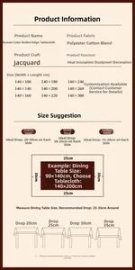 Size chart for red geometric jacquard tablecloth in polyester cotton blend material