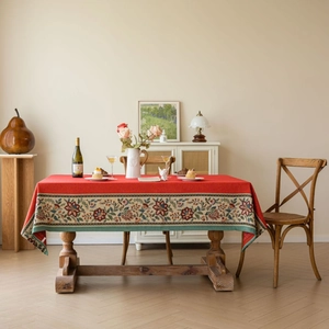 Classical red rectangular tablecloth with jacquard floral lace for wedding dining decor