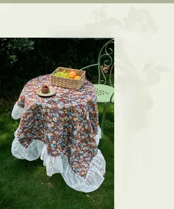 Floral cotton tablecloth with elegant white lace edges for outdoor wedding garden decor