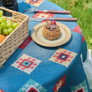 Bohemian blue geometric jacquard tablecloth with white lace trim for outdoor picnic