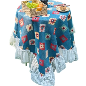 Blue geometric bohemian round tablecloth with wide white lace border for dining tables