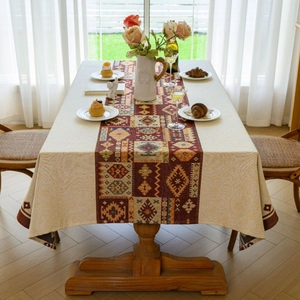 Bohemian style rectangular tablecloth with red geometric jacquard on beige fabric