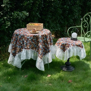 Vintage floral round tablecloth with elegant white lace trim for home decor