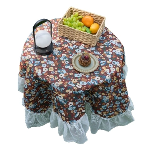 Red floral vintage round tablecloth with elegant white lace ruffle trim for wedding decor