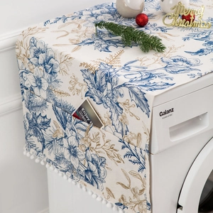 Blue floral washing machine dust cover with side storage pockets and fringe