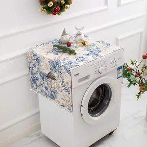 Poly-Cotton Washing Machine Cover Fridge Dust Cover With Side Storage Pockets Pom-Pom Fringe Floral Geometric Pattern Home Decor