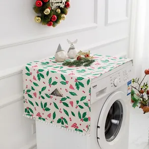 Christmas refrigerator dust cover with festive holly patterns and red heart side pockets