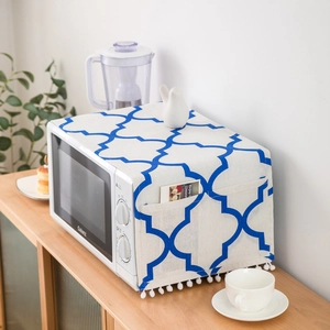 Korean Style Cotton Linen Microwave Dust Cover With Storage Pockets Pom-Pom Fringe Printed Geometric Oven Protector