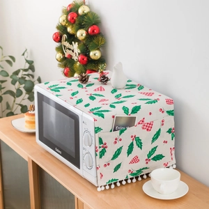 Christmas cotton linen microwave dust cover with red berry prints and side pockets