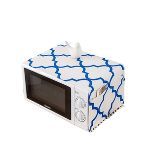 Linen cotton microwave dust cover with blue clover pattern and white pom-pom fringe
