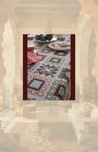 Dettaglio macro del tessuto jacquard geometrico marocchino con ricami in stile etnico