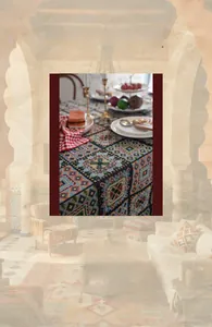Detailed view of Moroccan style tablecloth featuring geometric jacquard patterns