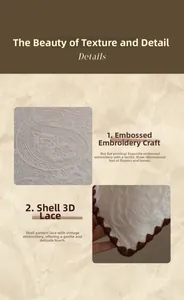 Detailed close-up of light beige embossed floral embroidery with shell-edged crochet lace
